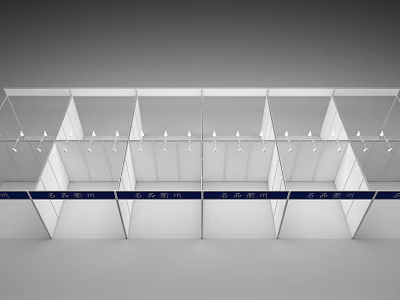 Modern Exhibition Booth With White Panels Blue Strips And Ceiling Spotlights 3d model