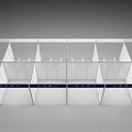Modern Exhibition Booth With White Panels Blue Strips And Ceiling Spotlights