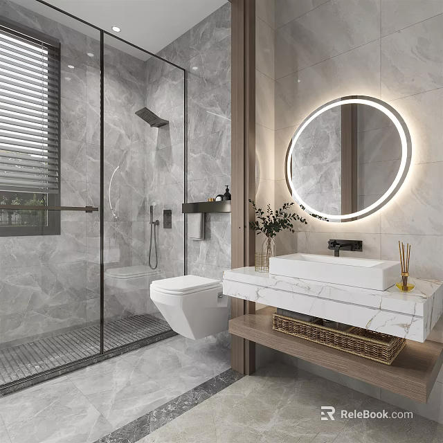 Modern Bathroom With Glass Shower Marble Walls Round Backlit Mirror And White Toilet 3d model 