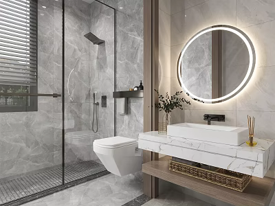 Modern Bathroom With Glass Shower Marble Walls Round Backlit Mirror And White Toilet 3d model