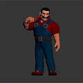 The Man in Red Shirt and Blue Overalls Holding Wrench Standing Against Gray Background