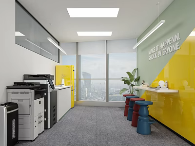 Modern Office Break Room With Yellow Wall Printers Colorful Stools Potted Plant And City View 3d model