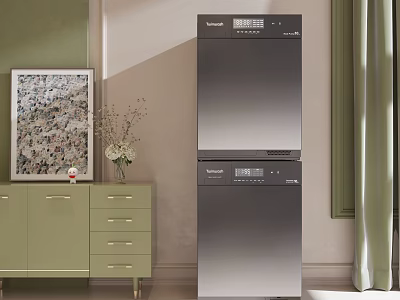 Changhong Stacked Washing Machines In Modern Home Interior With Green Cabinet And Decor 3d model
