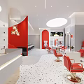 Beauty Hair Salon With Red Arched Entrance Glass Storefront And Mannequin