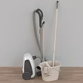 Essential Household Cleaning Supplies Including Vacuum Cleaner Mop And Bucket Against Wall On Wooden Floor