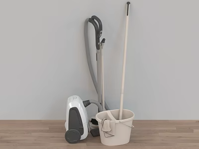 Essential Household Cleaning Supplies Including Vacuum Cleaner Mop And Bucket Against Wall On Wooden Floor 3d model