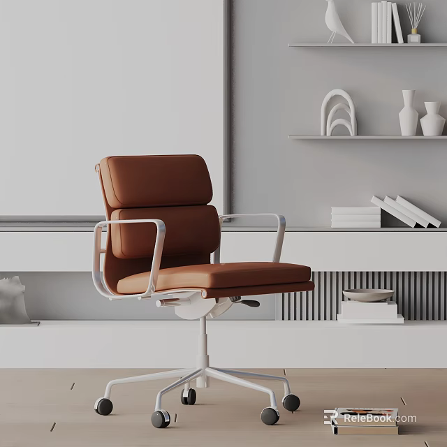 Brown Leather Office Chair With White Metal Frame Modern Minimalist Workspace Design 3d model 