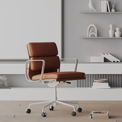 Brown Leather Office Chair With White Metal Frame Modern Minimalist Workspace Design 3d model