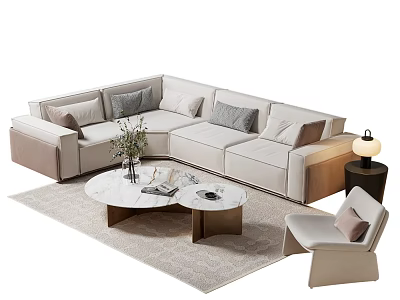 Elegant Modern Corner Sofa Coffee Table Set With Marble Top Throw Pillows And Accent Chair 3d model