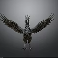 Mythical Bird with Spread Wings Crowned Head and Metallic Feather Texture on Grey Background