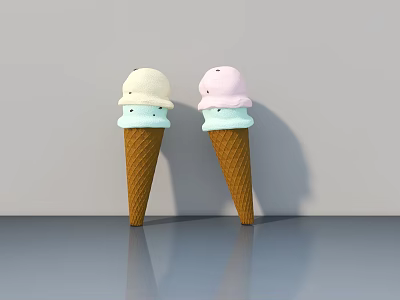Two Ice Cream Cones With White Pink And Light Blue Scoops On Gray Countertop 3d model