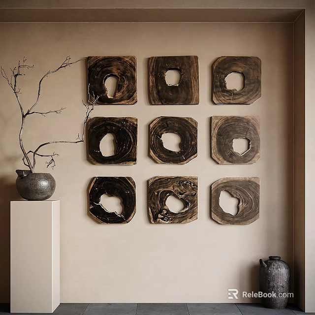 Natural Wooden Wall Decor with Hollow Circular Design in Grid Arrangement and Pedestal Vase 3d model 