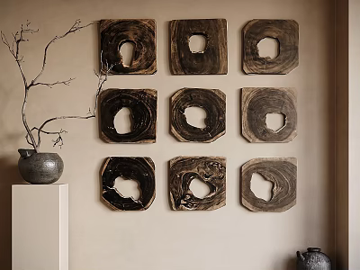 Natural Wooden Wall Decor with Hollow Circular Design in Grid Arrangement and Pedestal Vase 3d model