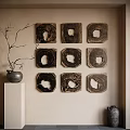 Natural Wooden Wall Decor with Hollow Circular Design in Grid Arrangement and Pedestal Vase