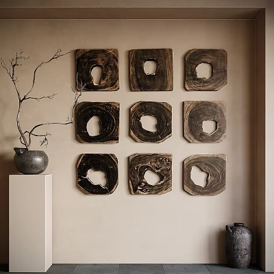 Natural Wooden Wall Decor with Hollow Circular Design in Grid Arrangement and Pedestal Vase 3d model