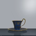 Blue Cup With Golden Patterns And Matching Golden Rim Saucer On Elegant Light Background