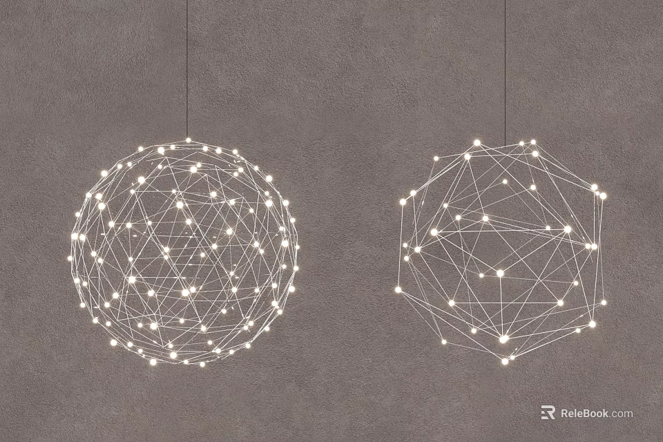 Modern Spherical Chandeliers with Wire Frame Design and LED Lights on Grey Wall 3d model 