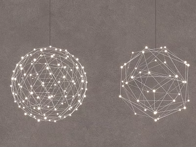 Modern Spherical Chandeliers with Wire Frame Design and LED Lights on Grey Wall 3d model