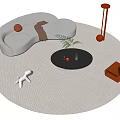 White Curved Sofa And Black Round Coffee Table Set With Gray Round Rug Green Plant