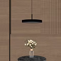 Modern Circular Pendant Light Hanging Over Wooden Wall With Flower Vase