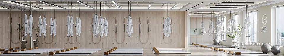 Fitness Studio Interior With Hanging Coats Yoga Mats And Wooden Blocks 3d model 