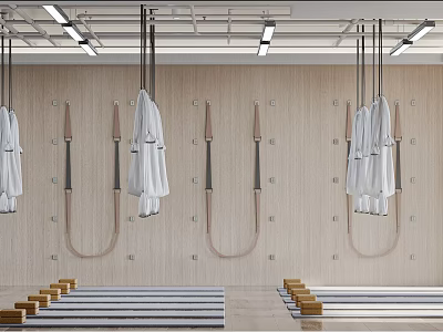 Fitness Studio Interior With Hanging Coats Yoga Mats And Wooden Blocks 3d model