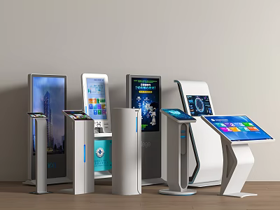 Various Self Service Kiosk Designs With Interactive Screens And Different Stand Structures 3d model