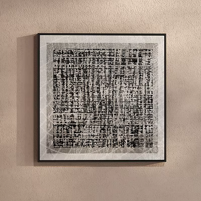 Black and White Abstract Painting With Geometric Patterns Framed On Beige Wall 3d model