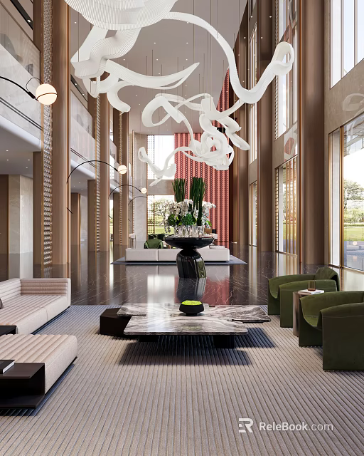 Modern Hotel Lobby With Stylish Chandelier Green Plants Comfortable Sofas And Marble Coffee Table 3d model 