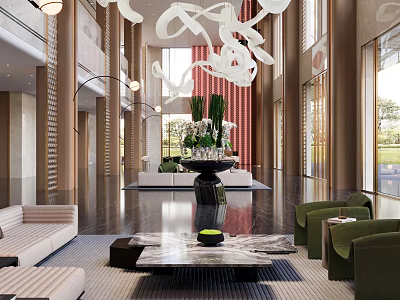 Modern Hotel Lobby With Stylish Chandelier Green Plants Comfortable Sofas And Marble Coffee Table 3d model