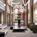Modern Hotel Lobby With Stylish Chandelier Green Plants Comfortable Sofas And Marble Coffee Table