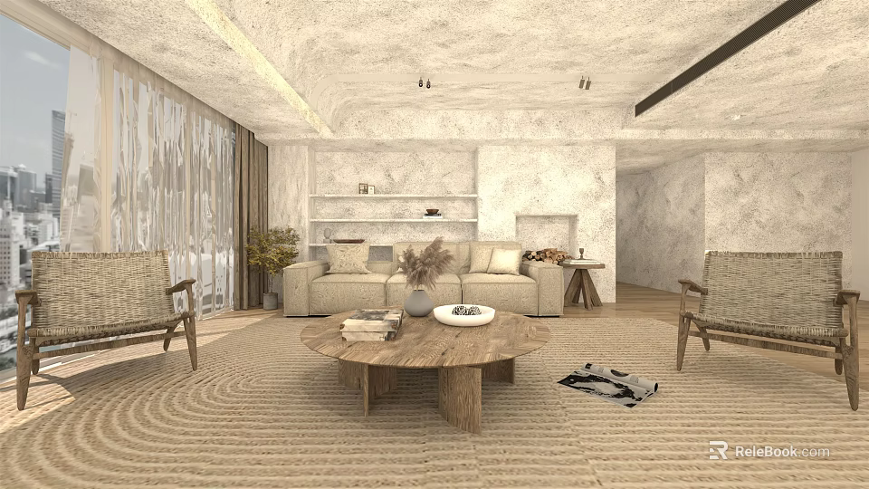 Minimalist Natural Living Room Interior With Beige Sofa Wooden Coffee Table And Wicker Chairs 3d model 