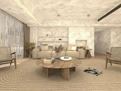 Minimalist Natural Living Room Interior With Beige Sofa Wooden Coffee Table And Wicker Chairs 3d model