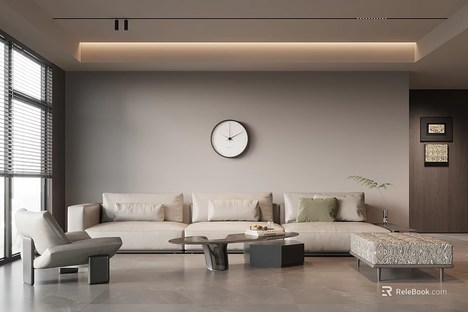 Modern Living Room With Beige Sofa Green Cushions Round Wall Clock Window Blinds Grey Flooring 3d model 