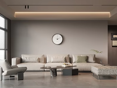 Modern Living Room With Beige Sofa Green Cushions Round Wall Clock Window Blinds Grey Flooring 3d model