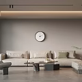 Modern Living Room With Beige Sofa Green Cushions Round Wall Clock Window Blinds Grey Flooring