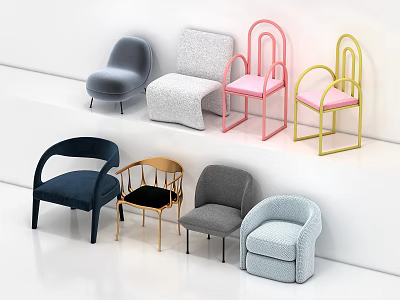 Stylish Accent Chairs In Various Colors And Modern Designs On Display Stand 3d model