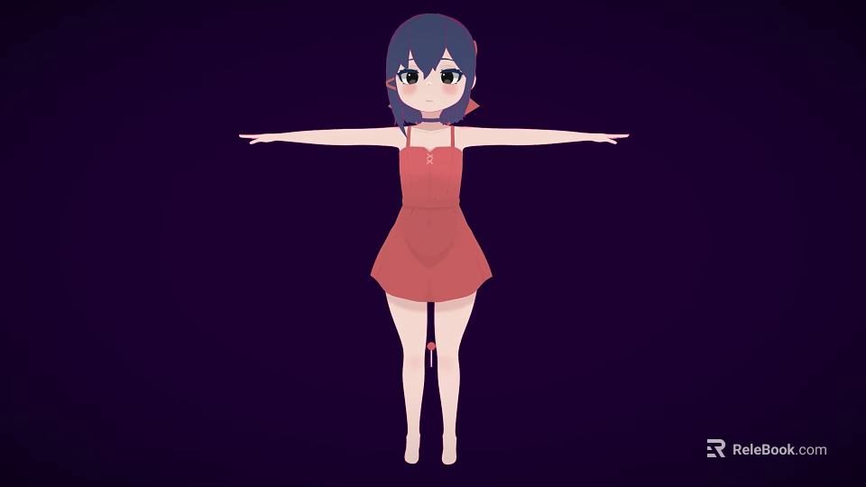 Cartoon Style Woman With Blue Hair Green Eyes In Red Dress Arms Outstretched 3d model 