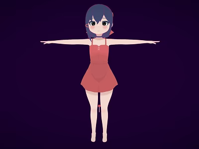 Cartoon Style Woman With Blue Hair Green Eyes In Red Dress Arms Outstretched 3d model