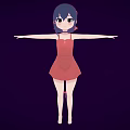 Cartoon Style Woman With Blue Hair Green Eyes In Red Dress Arms Outstretched