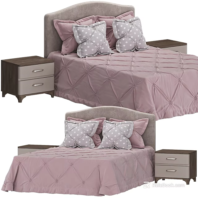 Double Bed with Pink Diamond Quilted Cover Gray Headboard and Wooden Drawer Bedside Tables 3d model 