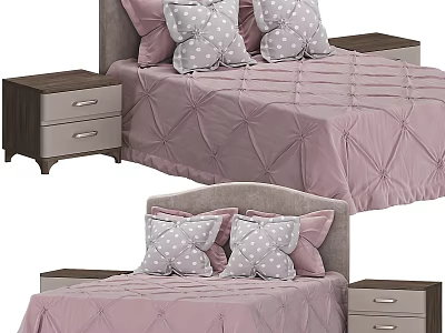 Double Bed with Pink Diamond Quilted Cover Gray Headboard and Wooden Drawer Bedside Tables 3d model
