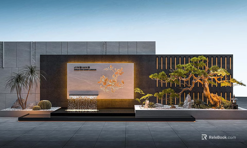 Modern Architectural Exterior Wall With Gray Stone Metal Grille Decorative Relief Water Feature And Greenery 3d model 