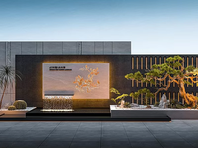Modern Architectural Exterior Wall With Gray Stone Metal Grille Decorative Relief Water Feature And Greenery 3d model
