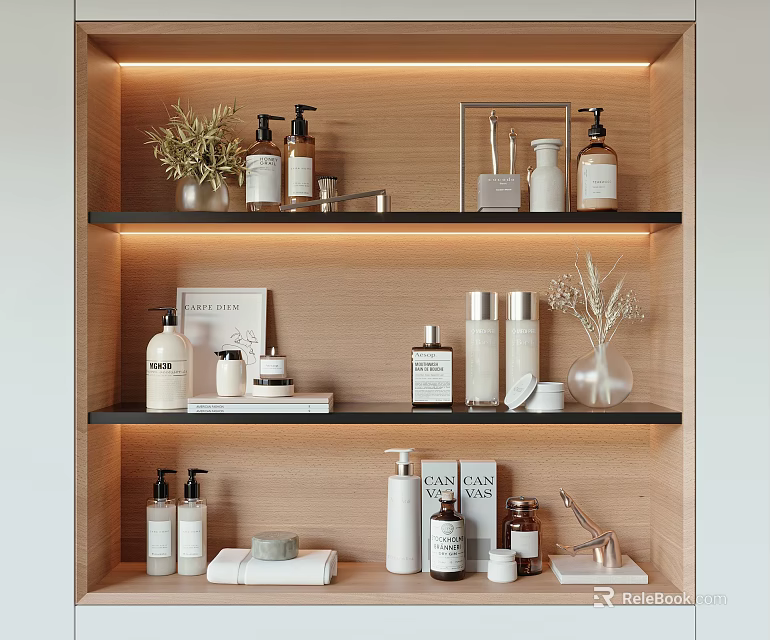 Organized Wooden Shelf With Bathroom Essentials Skincare Products Soap Bottles Towels And Plant Decor 3d model 