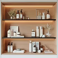 Organized Wooden Shelf With Bathroom Essentials Skincare Products Soap Bottles Towels And Plant Decor