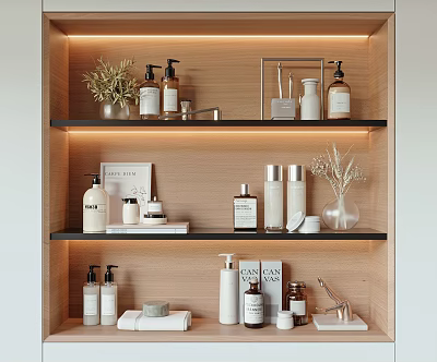 Organized Wooden Shelf With Bathroom Essentials Skincare Products Soap Bottles Towels And Plant Decor 3d model