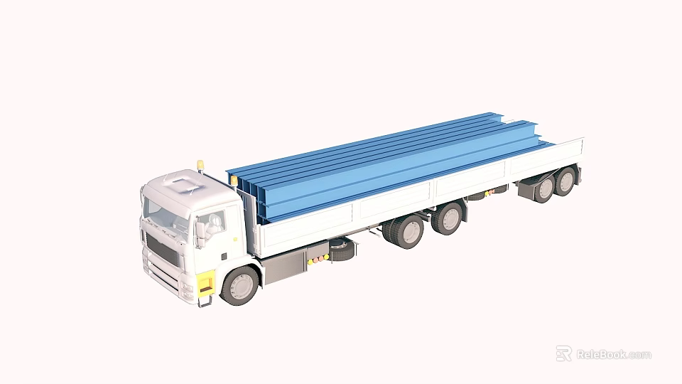 Heavy Duty Flatbed Truck With White Cab Long Blue Cargo Bed And Multiple Wheels 3d model 