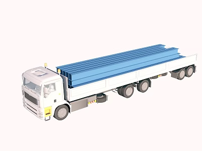 Heavy Duty Flatbed Truck With White Cab Long Blue Cargo Bed And Multiple Wheels 3d model