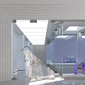 Modern Elevator Hallway Interior With Glass Partitions Blue Digital Screens And Recessed Lighting